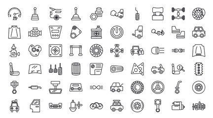 outline icons set from car parts concept. editable vector such as car petrol gauge, car transmission, boot, choke, bucket seat, cylinder, alternator icons.