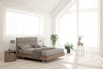 White bedroom concept. Scandinavian interior design. 3D illustration