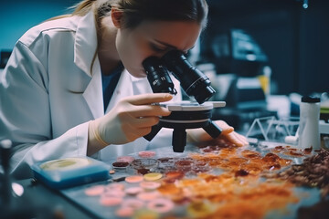 a woman scientist conducting a research in a state-of-the-art cosmetics laboratory in beauty industry and nanotechnology, using a macro lens to capture intricate details and a modern, clean aesthetic - obrazy, fototapety, plakaty