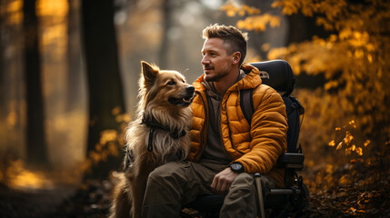 Middle-aged man on a wheelchair relaxing with his assistance dog outside  - obrazy, fototapety, plakaty