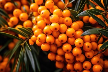 Bright ripe sea buckthorn berries with leaves