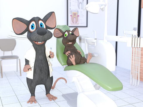 3D rendering of a cartoon mouse as a dentist.