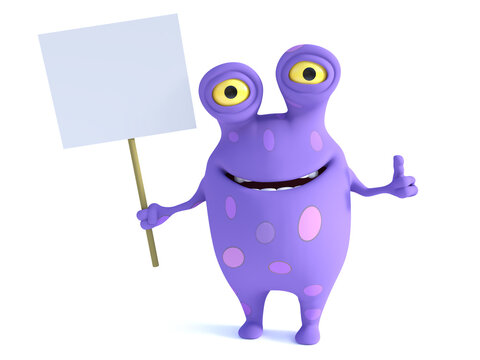 A spotted monster holding sign, doing thumbs up.