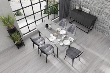 3D render of a dining table in the interior top view