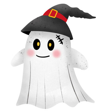 Cute and scary little cartoon ghost wearing a black hat is smiling on Halloween.