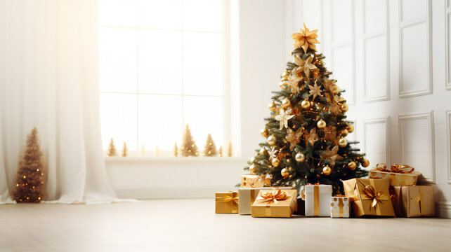 christmas tree in white background and gold gift box