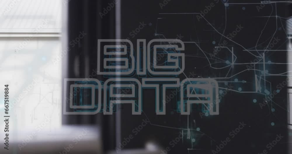 Poster animation of big data text over diverse coworkers discussing while walking in office