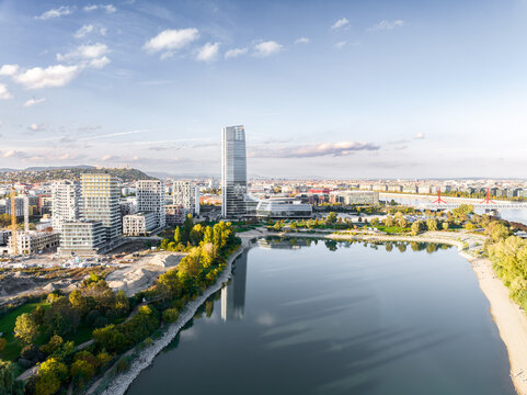 Kopaszi dam, Kopaszi-g&aacute;t and the MOL Tower next to the Danube in Budapest Hungary