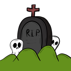 Graveyard with ghost skulls on green grass on scary Halloween day.