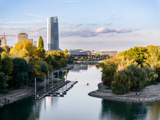 Obraz premium Kopaszi dam, Kopaszi-gát and the MOL Tower next to the Danube in Budapest Hungary