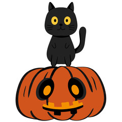 Black cat ghost on golden yellow pumpkin cartoon smiling Welcome Halloween.
