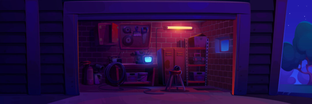 Garage interior inside at night cartoon background. House storage for repair tool, maintenance equipment and storeroom furniture dark indoor scene. Entrance to household parking with extinguisher