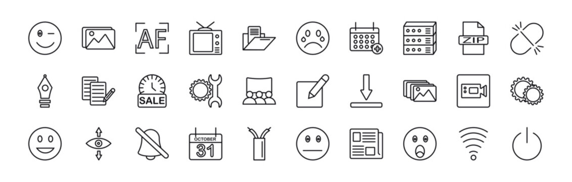 Outline Icons Set From User Interface Concept. Editable Vector Such As Wink Smile, Images, Auto Focus, Delete Anchor Point, Editor, Facetime, Turn Off Icons.