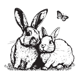 Rabbits sitting sketch hand drawn in doodle style illustration