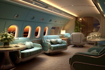 Opulent aircraft cabin featuring plush seating. Generative AI - obrazy, fototapety, plakaty