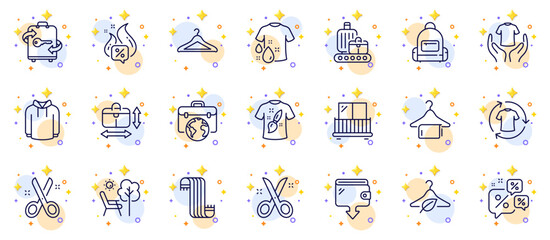 Outline set of Handbag size, Clean towel and Deckchair line icons for web app. Include Luggage, Wallet, Hoody pictogram icons. Baggage belt, Discounts chat, T-shirt design signs. Balcony. Vector