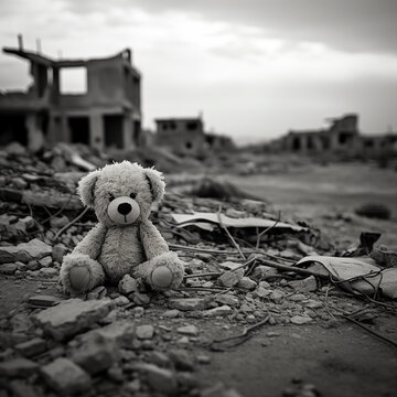 Black and white War destroyed city with a little bear