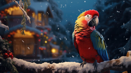 Christmas parrot, Macaw, perched on a branch, night time, decorations, snowing, snow, a stunning classic cabin in the background.