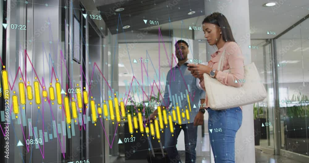 Poster animation of multiple graphs with changing numbers over diverse people waiting for elevator