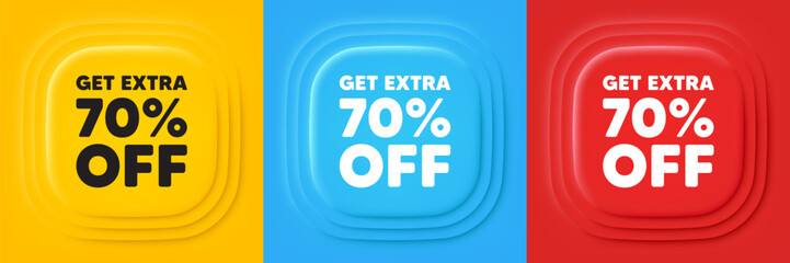 Get Extra 70 percent off Sale. Neumorphic offer banners. Discount offer price sign. Special offer symbol. Save 70 percentages. Extra discount podium background. Product infographics. Vector