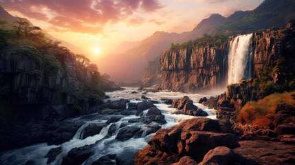 Waterfall in the mountains at sunset. Natural landscape background. Ai generative.