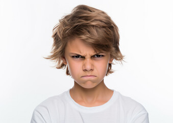 Very angry disheveled boy isolated on white background.