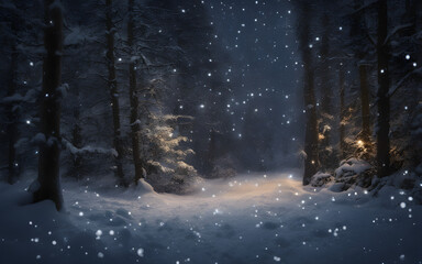 A winter forest at night with snow falling