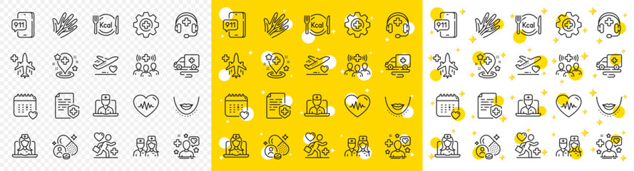 Telemedicine doctor, Heartbeat pulse and Medical pill set. Pharmacy medicine line icons. Kcal menu, Nurse care and Plastic surgery line icons. Hand veins, medicine pharmacy pill and drug. Vector