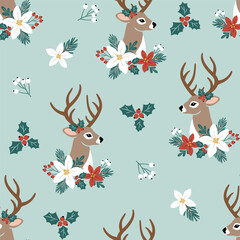 Fototapeta na wymiar Seamless vector pattern with Christmas deer head, flowers, poinsettia and berry. Perfect for textile, wallpaper or print design.