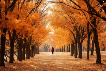 A person walking down a tree-lined path during the fall season. The trees are tall and adorned with orange leaves, and the path is covered in fallen leaves - Powered by Adobe