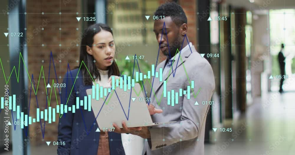 Poster animation of multiple graphs with changing numbers, diverse coworkers discussing reports on laptop