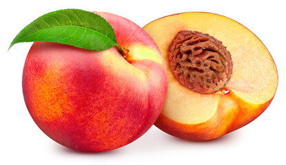 Fresh organic peach with leaves isolated clipping path