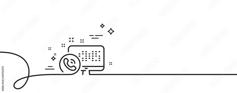 Poster web call center service line icon. continuous one line with curl. phone support sign. feedback symbo