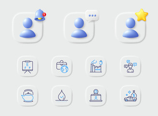 Conversation messages, Factory and Vision board line icons. Placeholder with 3d star, reminder bell, chat. Pack of Teapot, Global business, Waterproof icon. Vector
