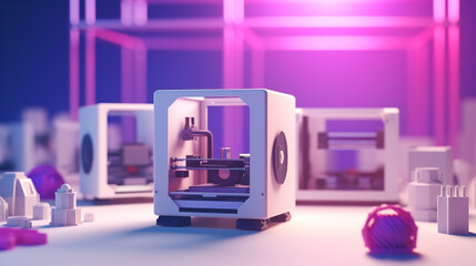 3D Printing in a Futuristic Laboratory. Innovation and Technology Illuminated in Purple