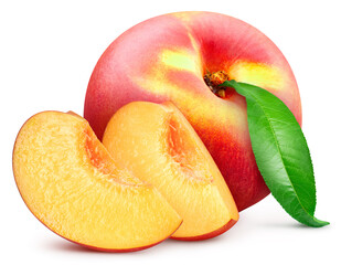 Fresh organic peach with leaves isolated clipping path
