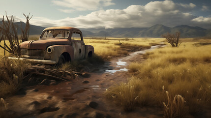 Fototapeta na wymiar Old truck in a serene landscape.