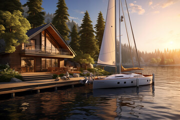 Modern residence by the lake, with the yacht moored to the quay - obrazy, fototapety, plakaty