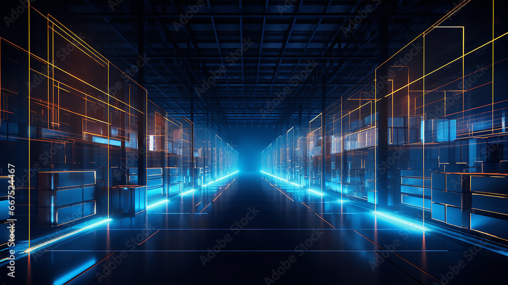 Poster warehouse technology of the future, warehouse program, neon background, futuristic computer graphics