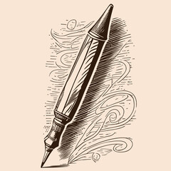 Vintage pen with decor, hand drawn sketch Vector illustration Writing