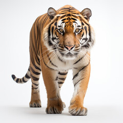Male bengal tiger walking in front of a white background.