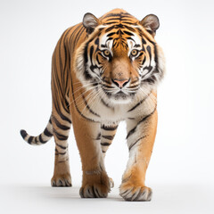 Fototapeta premium Male bengal tiger walking in front of a white background.