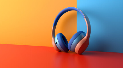 3d headphones music audio sound minimalist red orange blue background. 3D Modern headphones wireless bluetooth with copy space