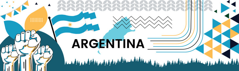 ARGENTINA  national day banner with map, flag colors theme background and geometric abstract retro modern colorfull design with raised hands or fists.