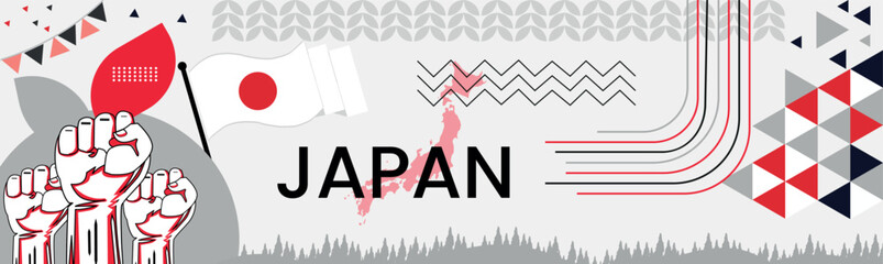JAPAN national day banner with map, flag colors theme background and geometric abstract retro modern colorfull design with raised hands or fists.