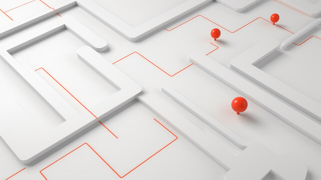 3D minimalist map with red locator pin on white surface and copy space