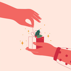 Female hand gives xmas gift box to another hand. Christmas red present decorated with holly leaves shares from one arm to other. Festive Vector illustration - 667526624