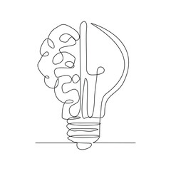 Continuous single line sketch drawing of light bulb lamp and brain. Vector illustration one line of think creative idea smart brainstorm innovation solution 