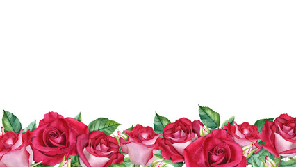 Banner, border with red rose blooms, buds and leaves. Watercolor Illustration for cards, invitation
