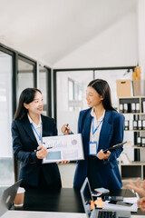 Business team discuss at meeting room. working together with laptop ,tablet and smart phone on desk Financial accountant , planner , meeting , introduction concept.